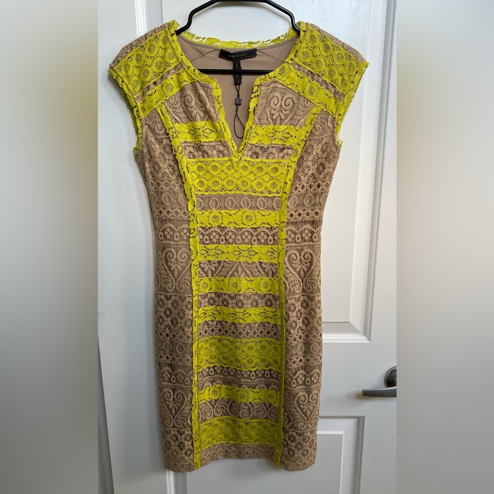 BCBGMaxAzria Tan Lace Overlay Sleeveless V-neck Lined Shift Jacqueline Dress